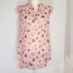 Womens Sheer Pink w/Black Butterflies High Low Ruffle Sleeve Top Size XL